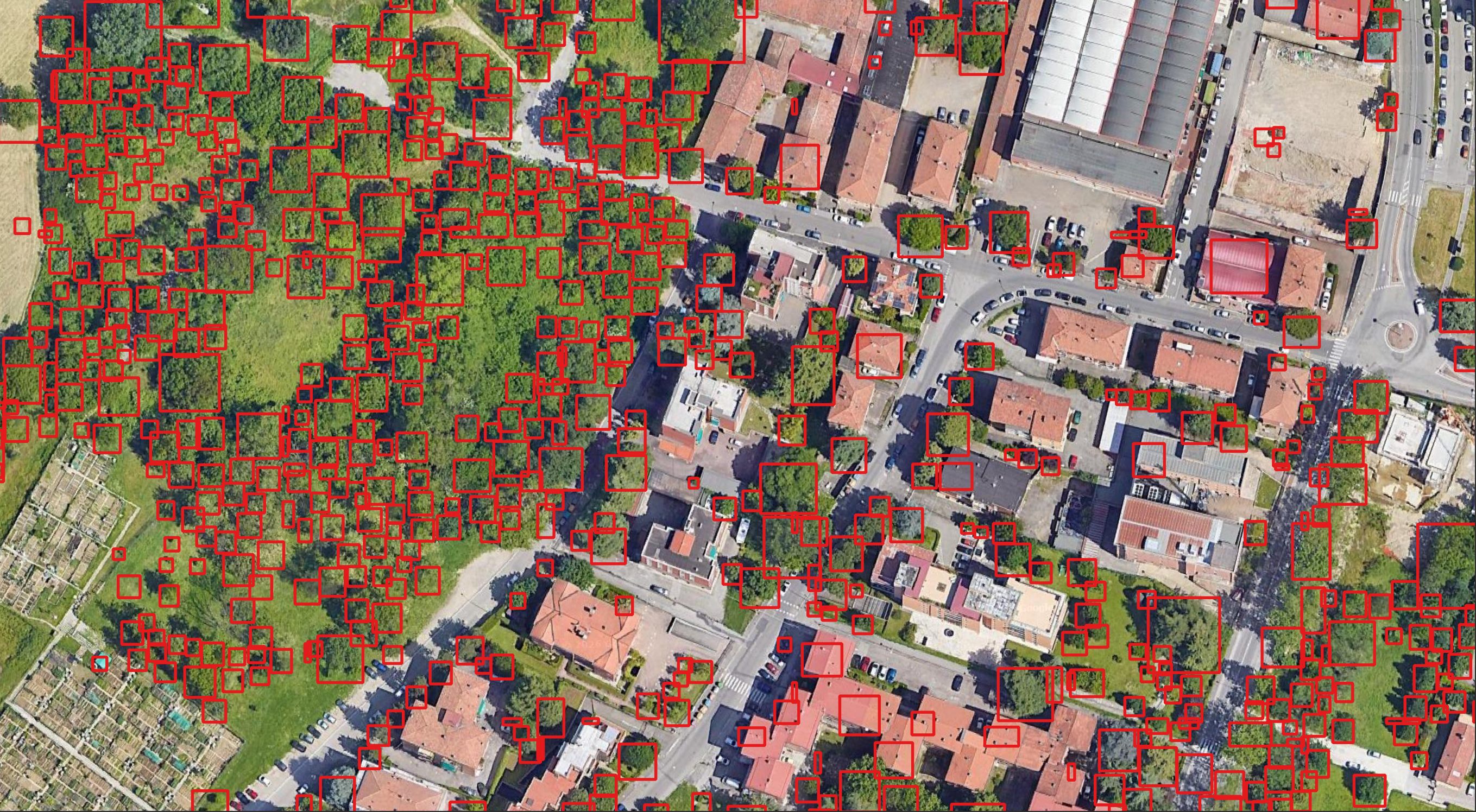 Aerial image of a residential area next to a wooded park, with red boxes around individual tree crowns