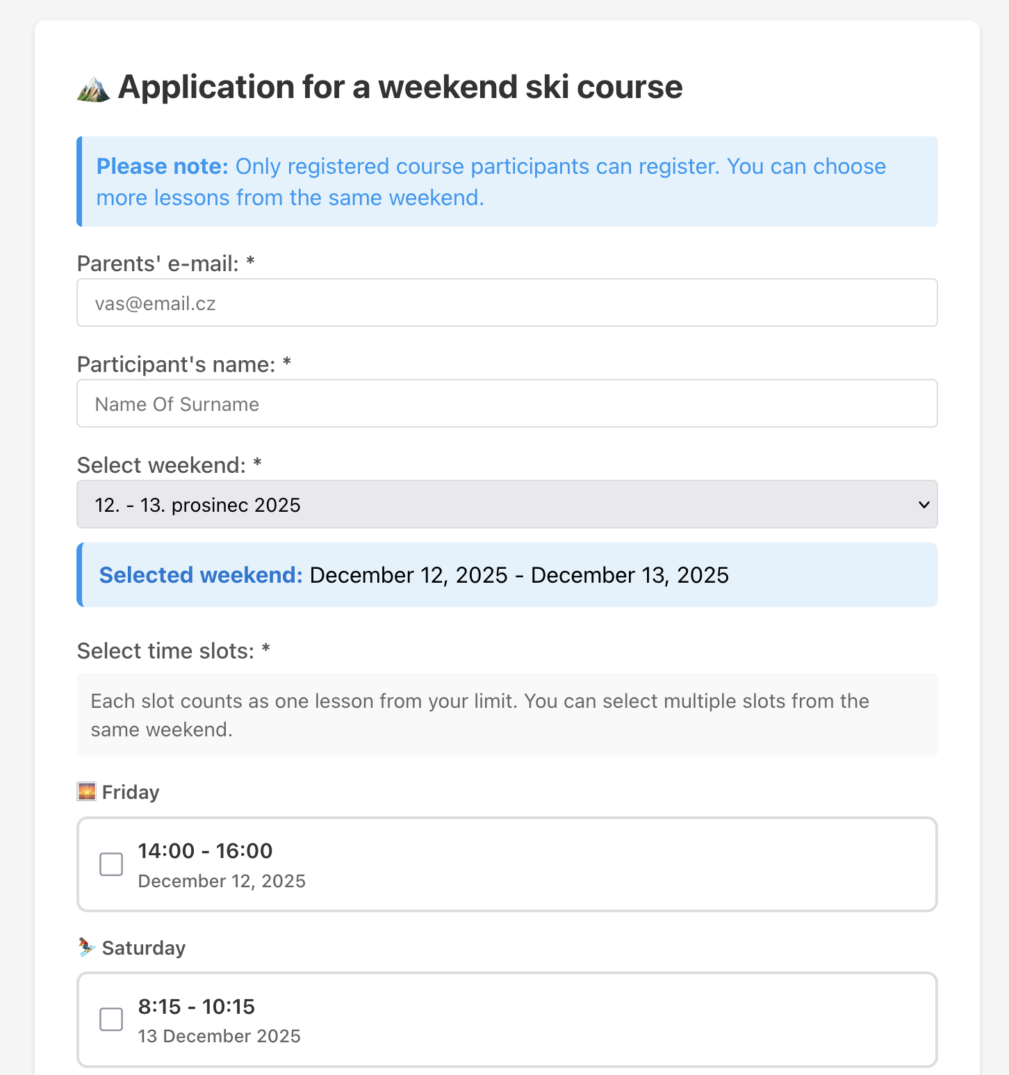 Ski Zadov Registration System Screenshot